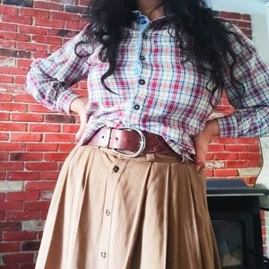 VINTAGE 80s Plaid Flannel Denim Elbow Patchwork Blouse L